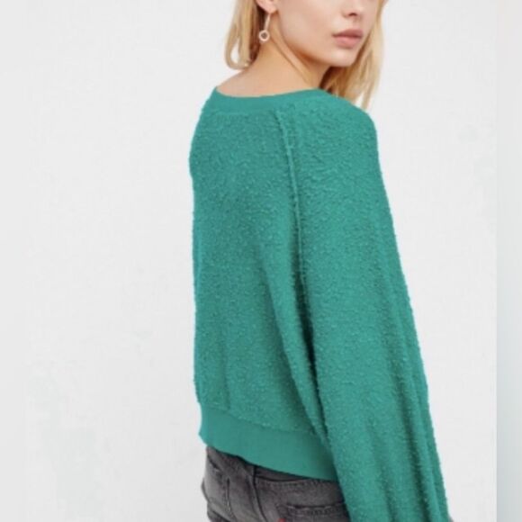 Free People Teal Boucle Cotton Blend Found My Friend Pullover Sweatshirt - Picture 3 of 12
